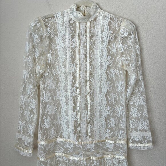 Gunne Sax by Jessica McClintock Vintage 80's Lace Drop Waist Bridal Midi Dress - Picture 3 of 13